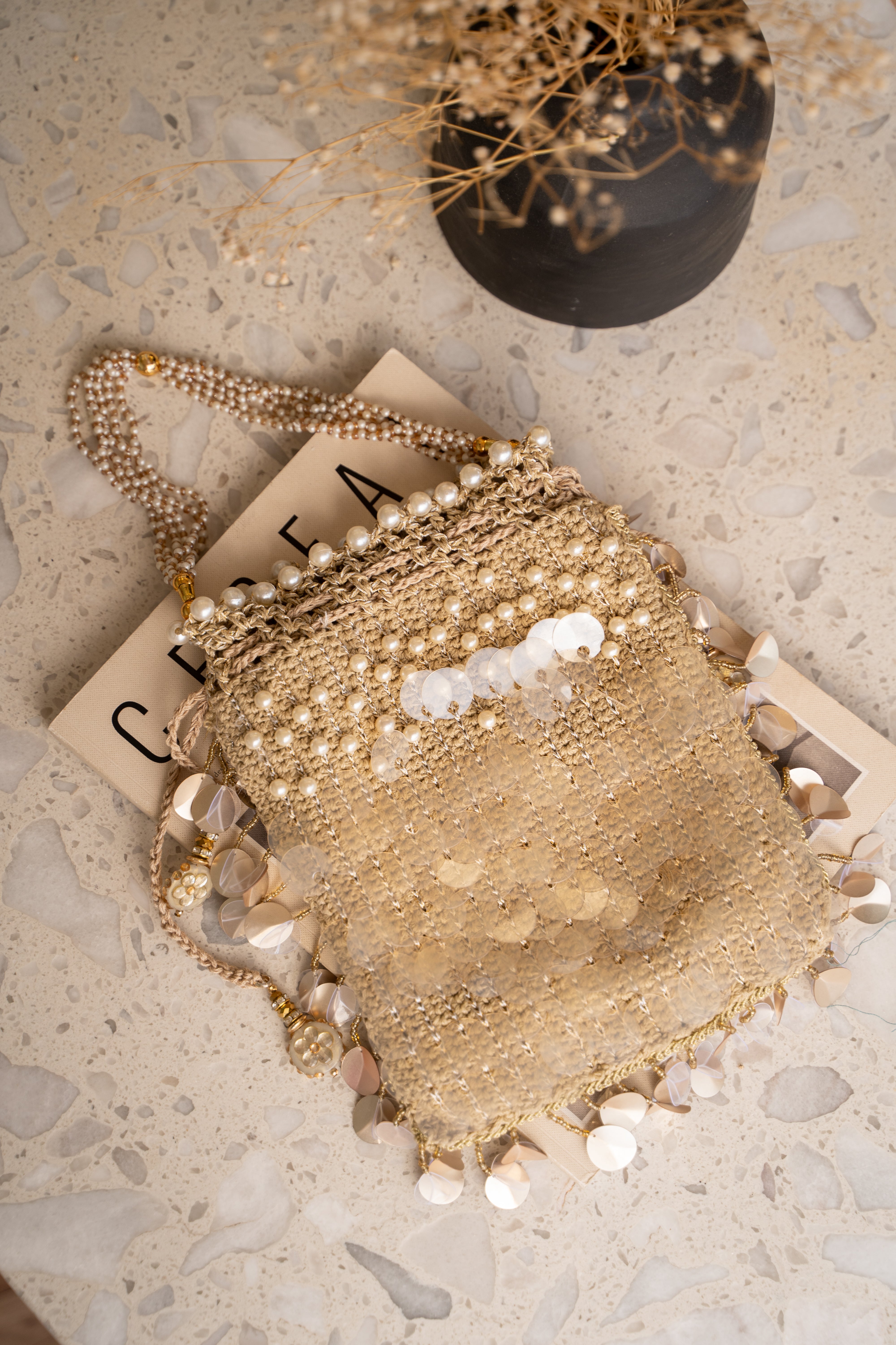Golden pearl flat potli bag