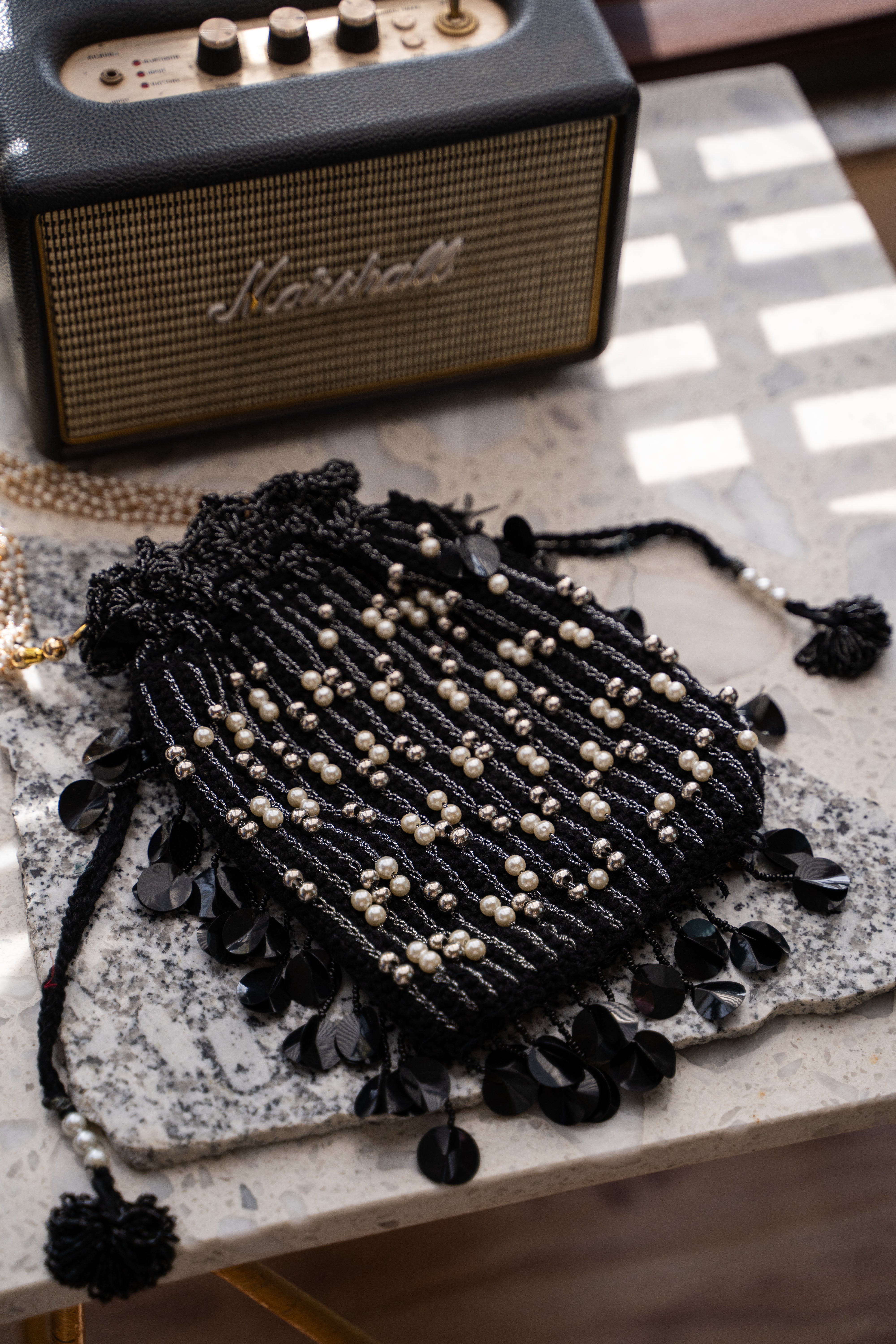 Black crystal flat potli bag