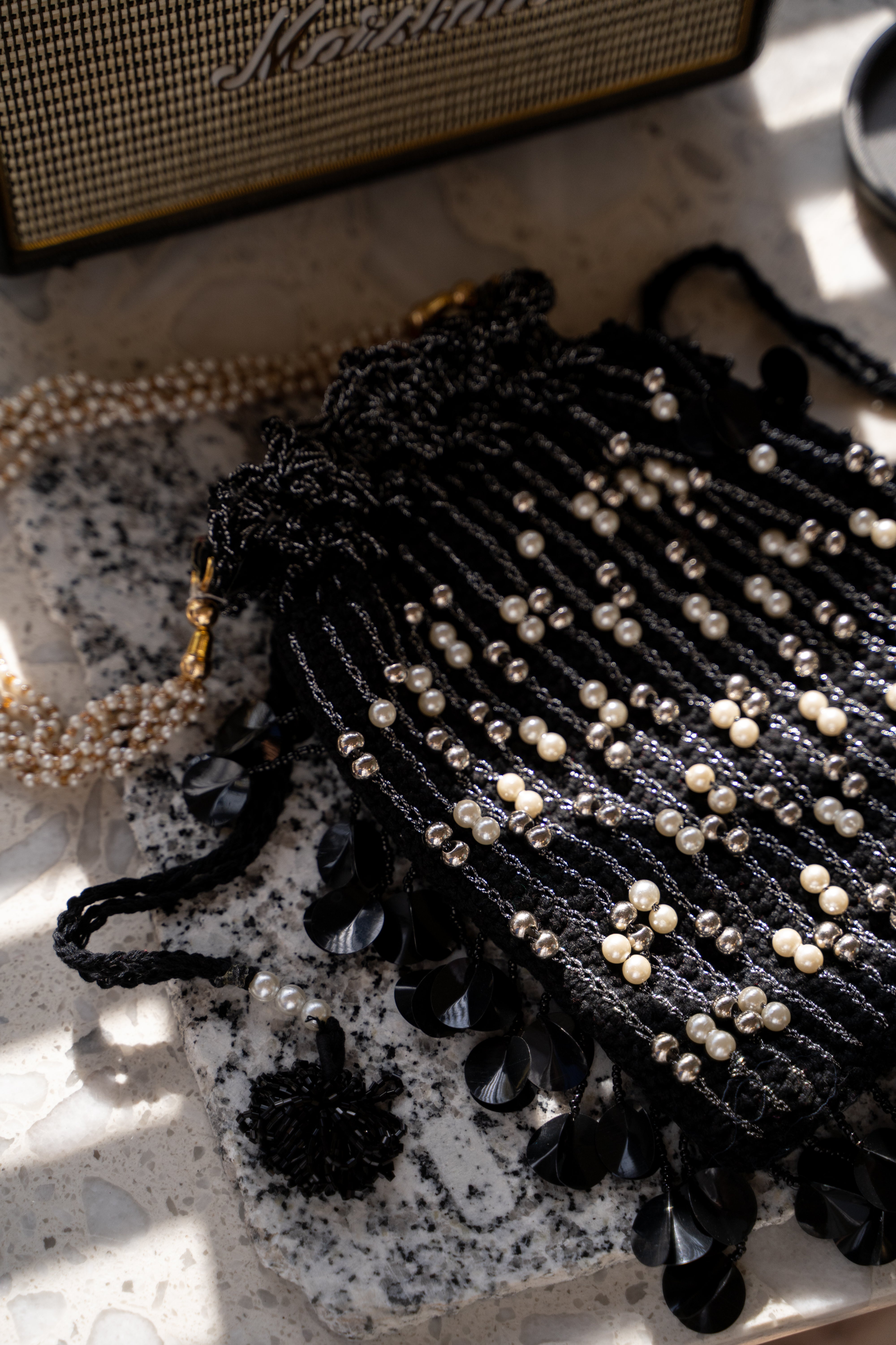 Black crystal flat potli bag