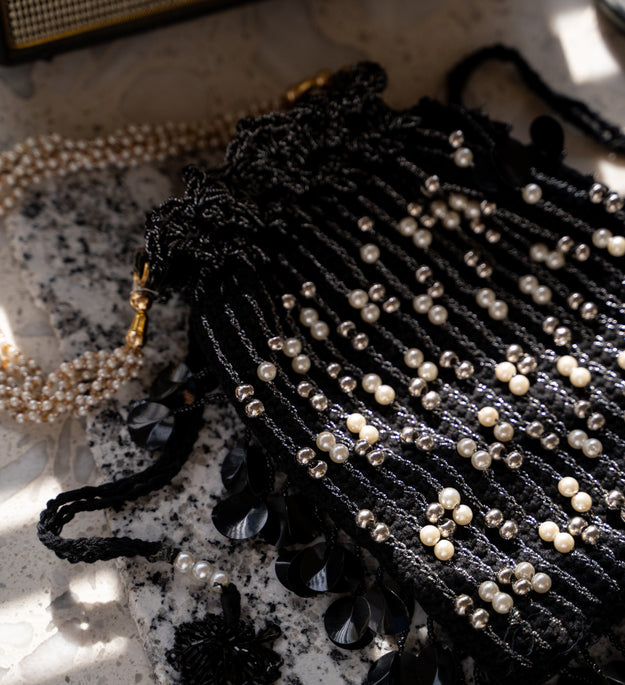 Black crystal flat potli bag