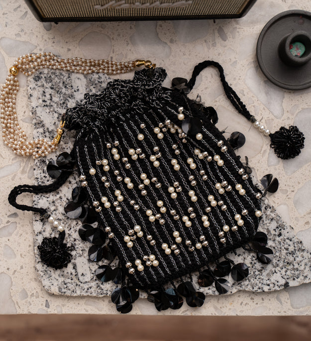Black crystal flat potli bag