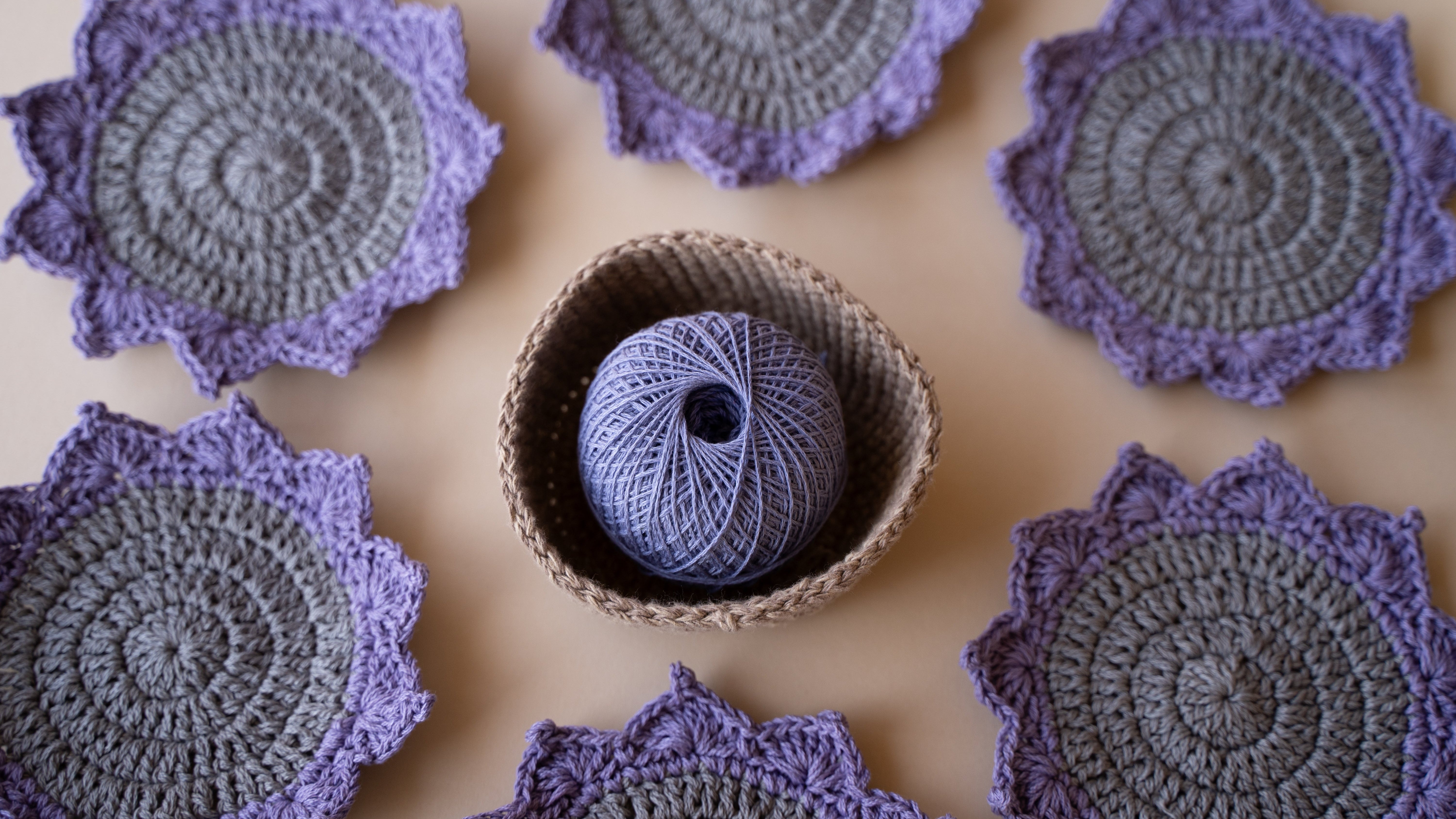 Purple grey flower coasters (set of 6)