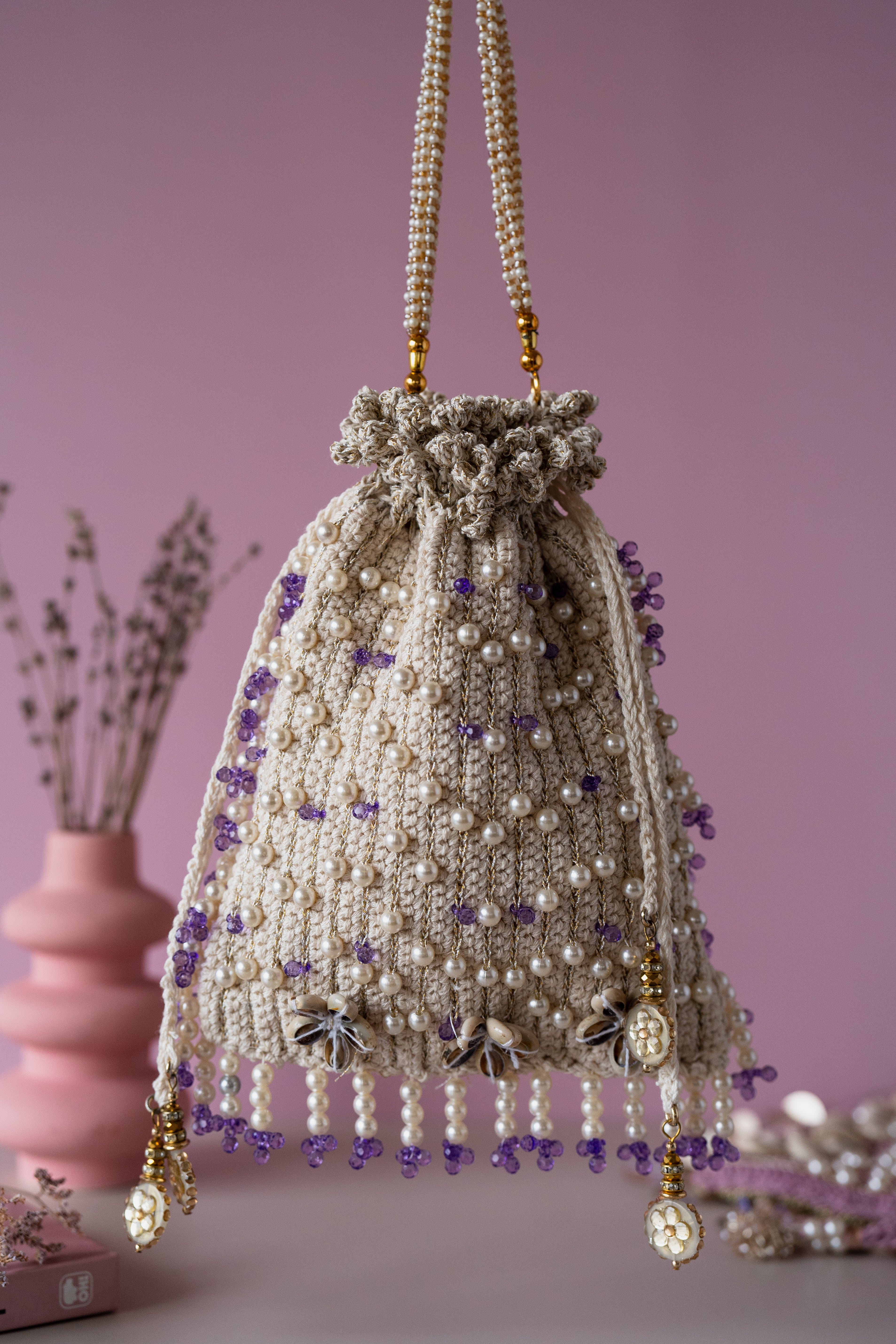 Ivory purple flat potli bag