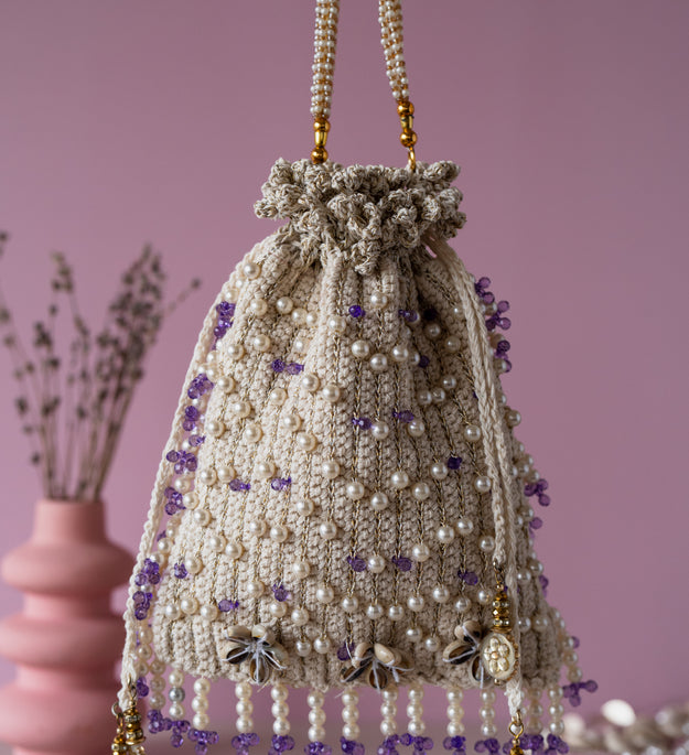 Ivory purple flat potli bag