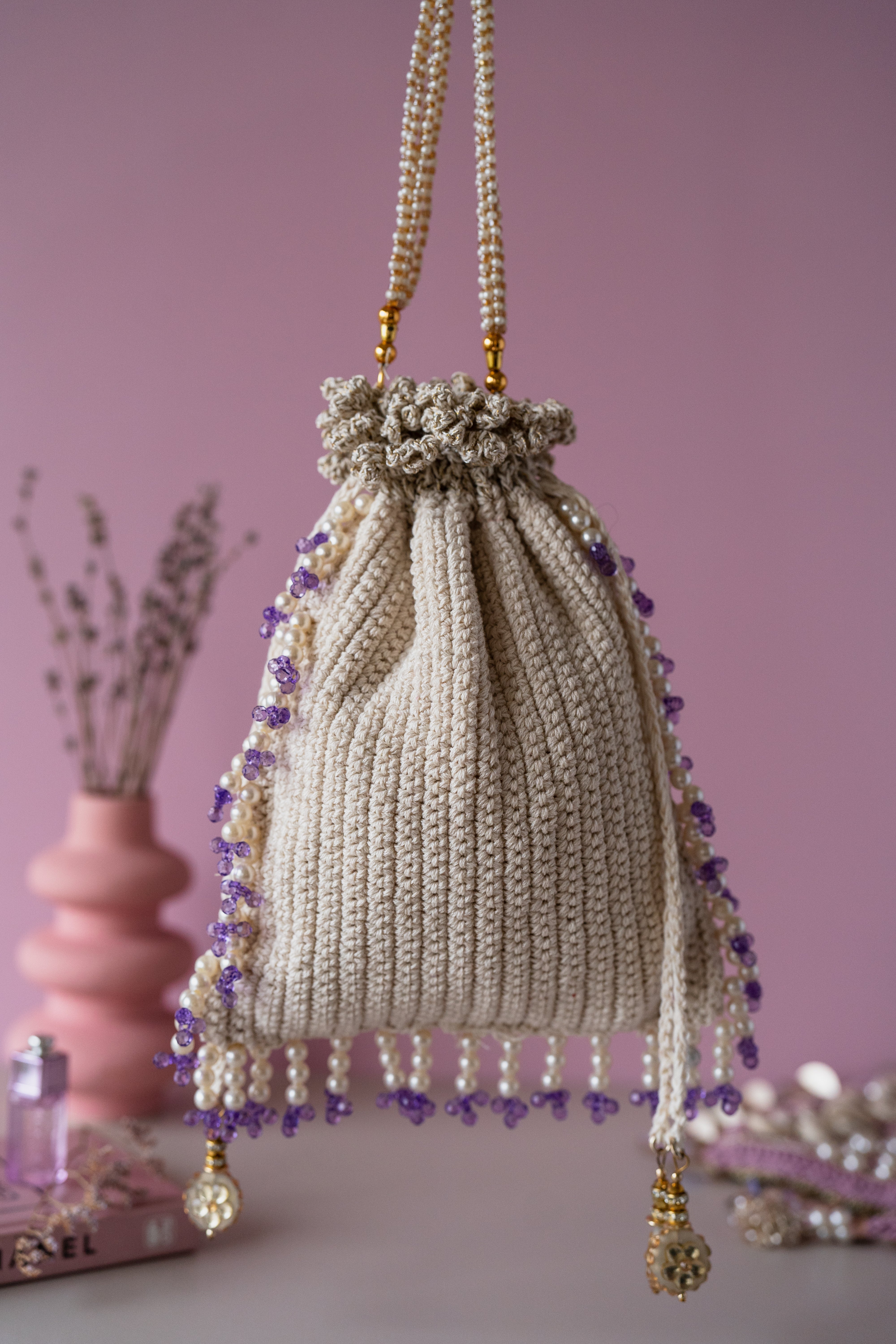 Ivory purple flat potli bag