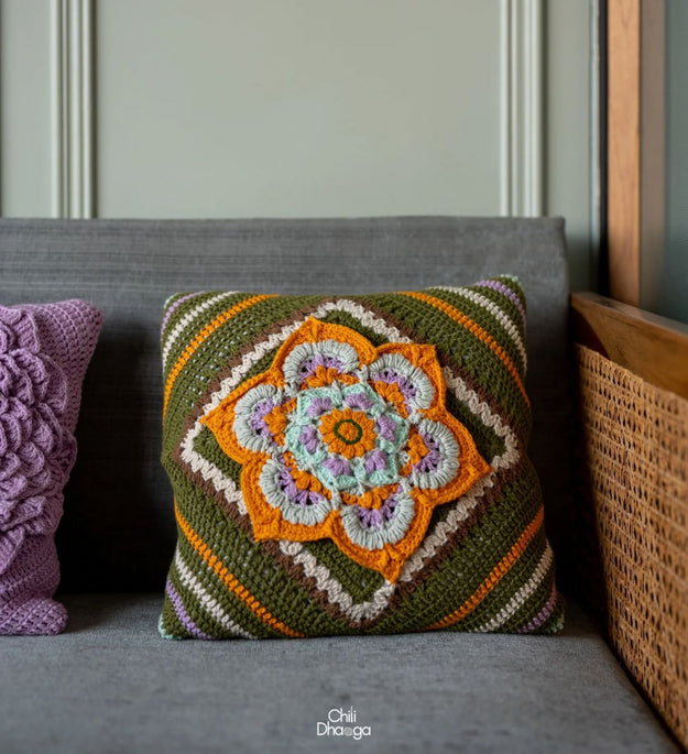Olive green & lilac crochet cushion cover