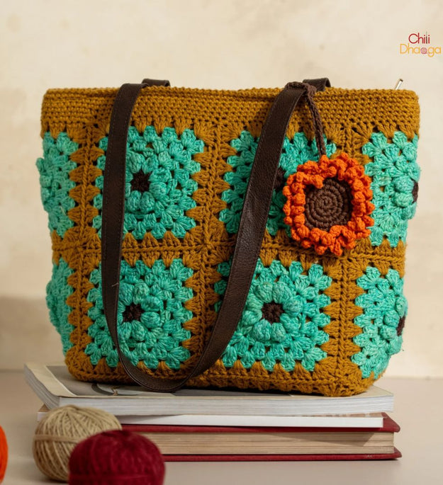 Aquamarine and pickle green crochet patchwork handbag