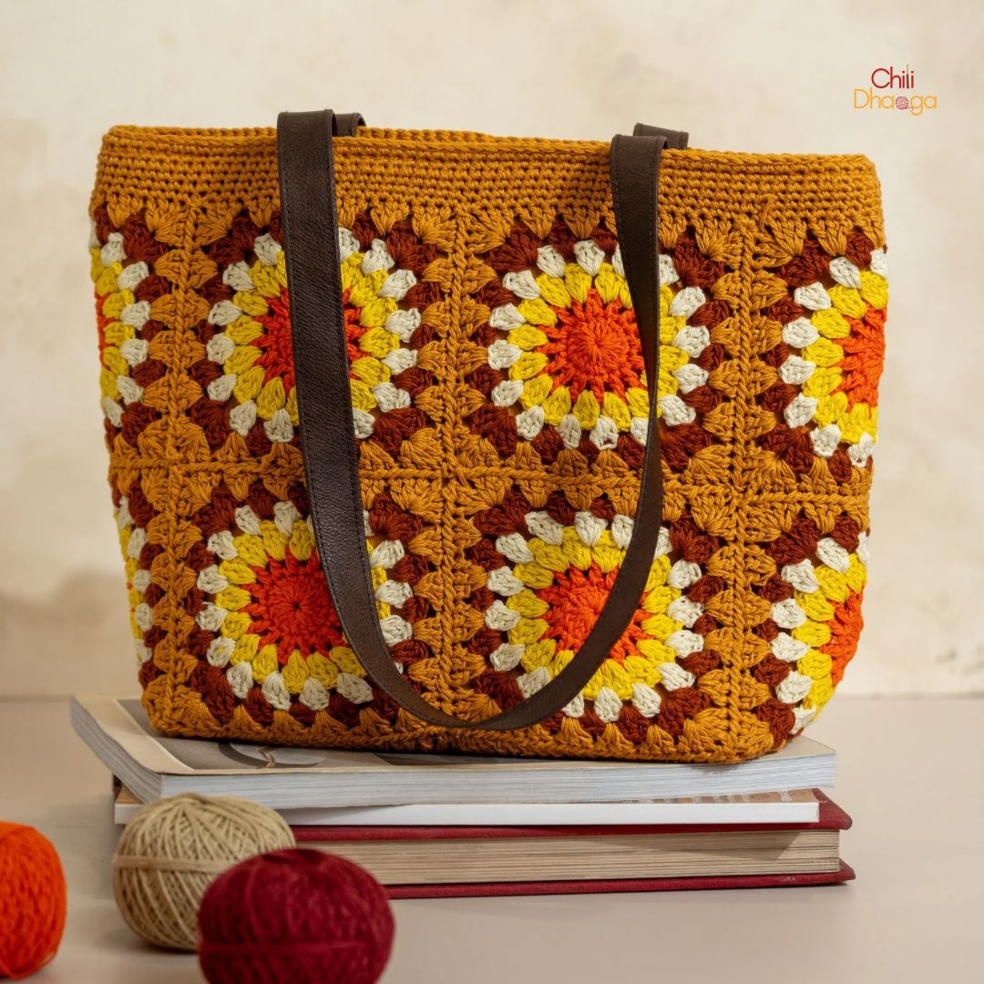 Mustard yellow patchwork crochet handbag