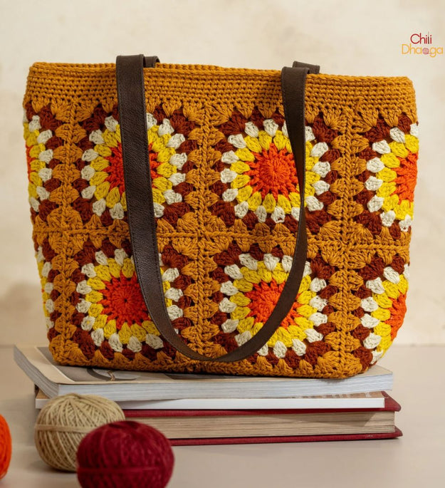 Mustard yellow patchwork crochet handbag