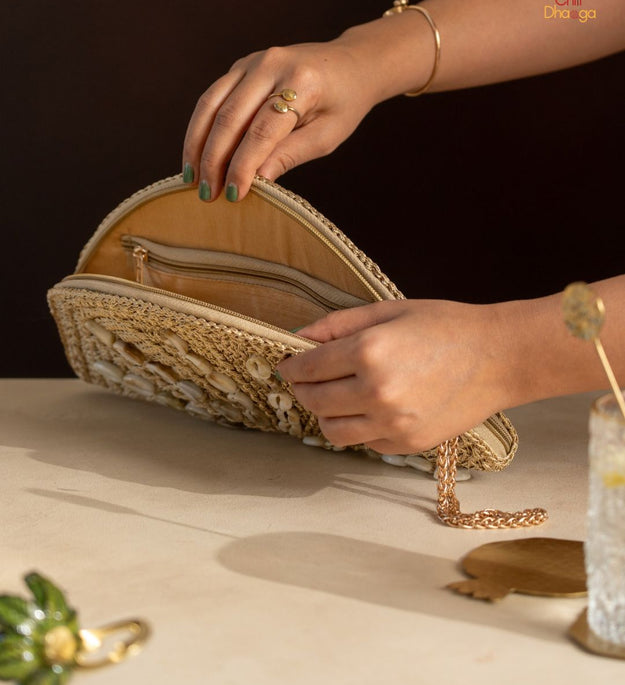 Golden metallic cowry/sea shell semi circle purse