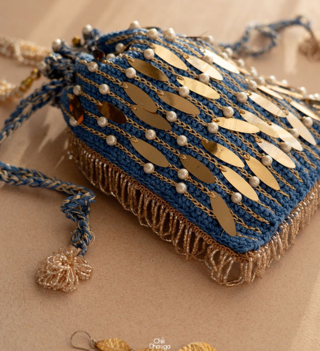 Denim blue crochet potli bag