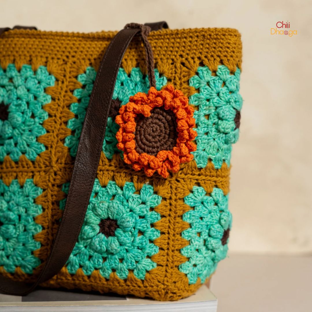 Aquamarine and pickle green crochet patchwork handbag