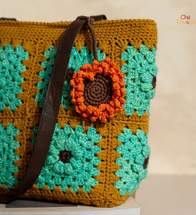 Aquamarine and pickle green crochet patchwork handbag