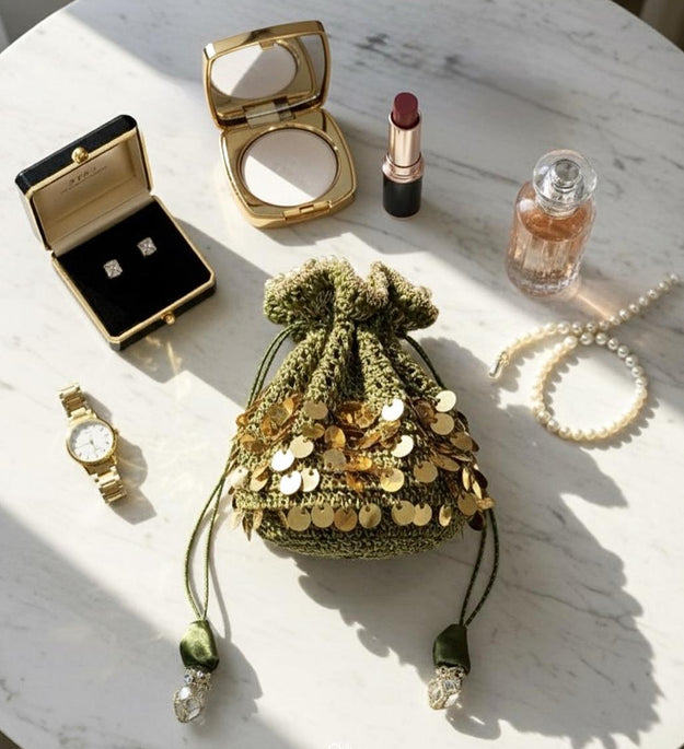 Olive green sequins crochet potli bag