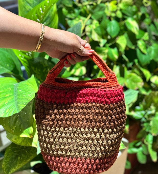 Red ember crochet bucket handbag