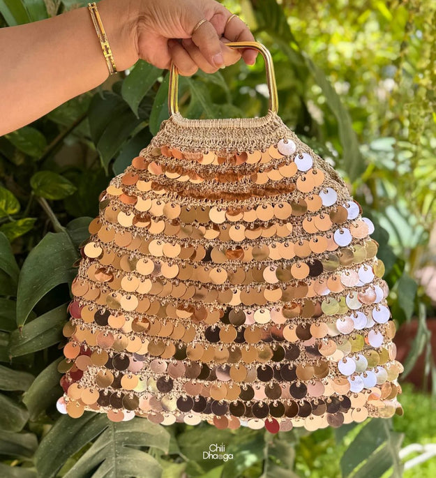Rose gold sequin crochet handbag