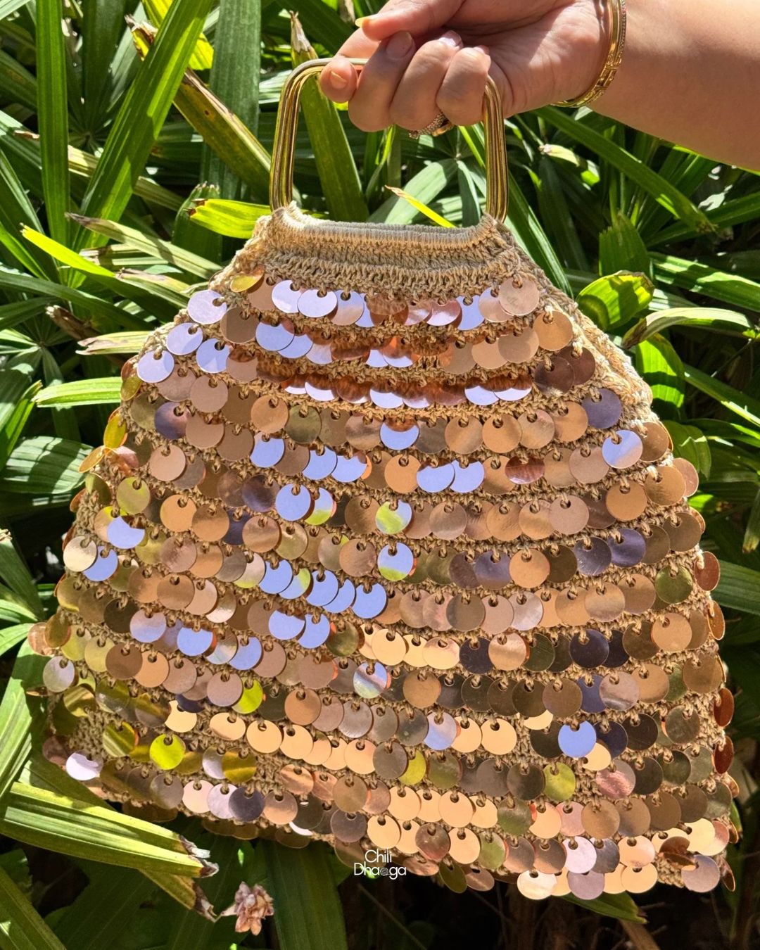 Rose gold sequin crochet handbag