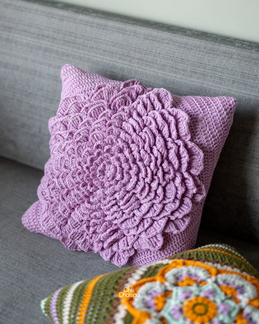 Olive green & lilac crochet cushion cover