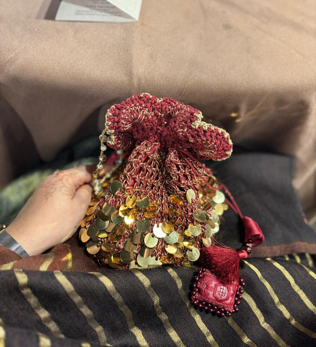 Maroon sequins crochet potli bag