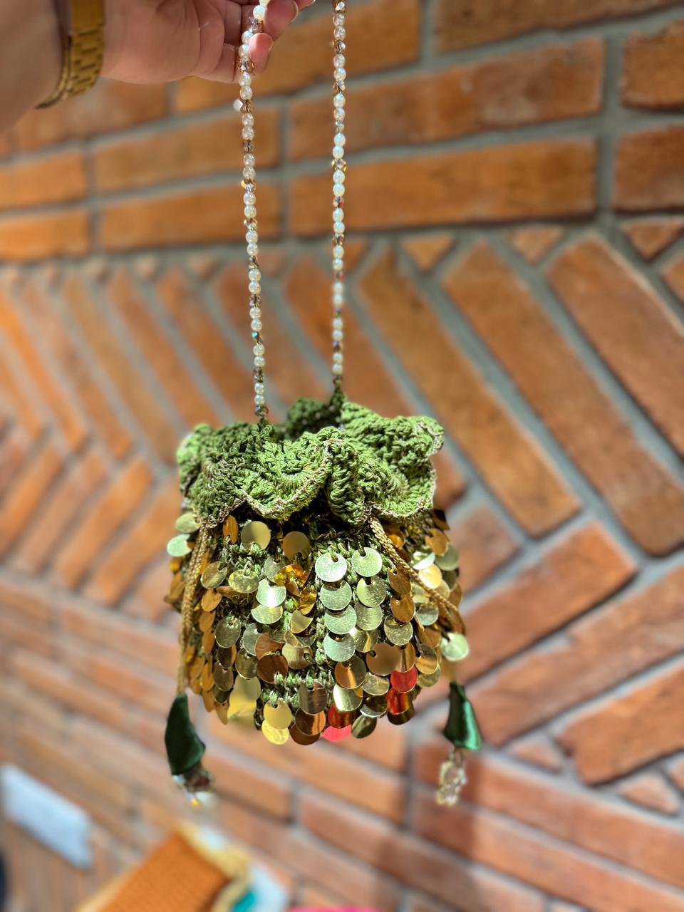 Olive green sequins crochet potli bag