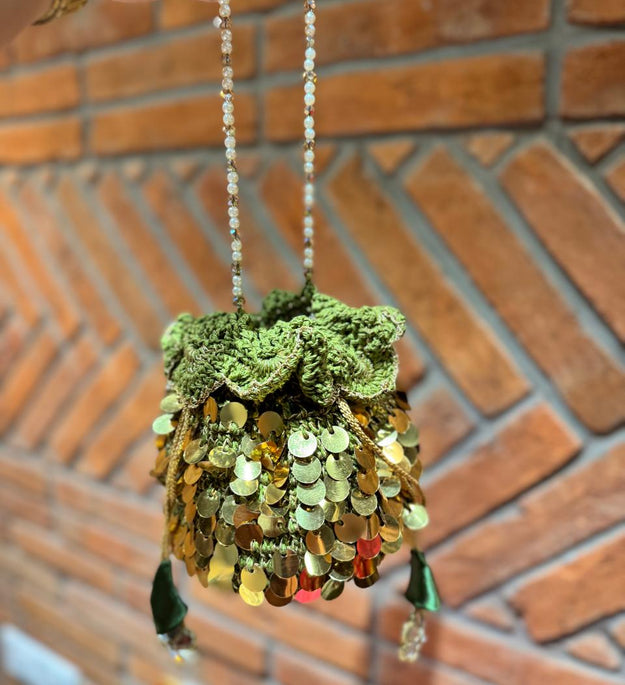 Olive green sequins crochet potli bag